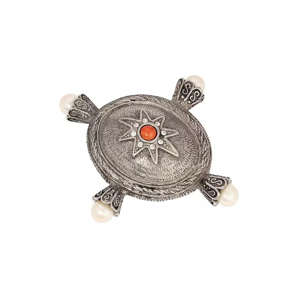 1928 Silver Tone Red Crystal & Simulated Pearl Oval Pin, Womens, Gray Product Image