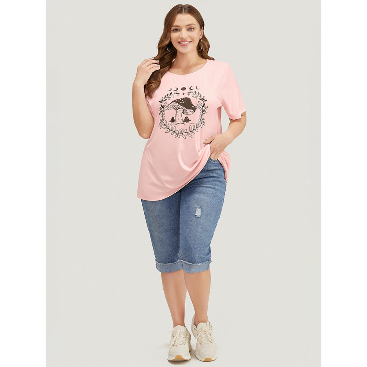 Plus Size Mushroom & Moon Print Short Sleeve Crew Neck T-shirt MistyRose Women Casual Natural Flowers Dailywear T-shirts BloomChic 26/4X Product Image