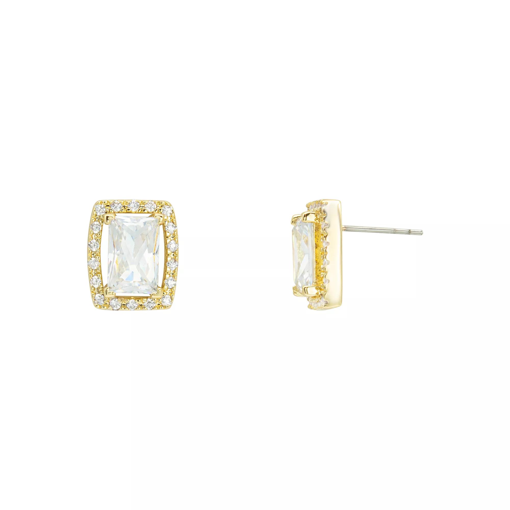 Brilliance Gold Tone Cubic Zirconia & Crystal Emerald Cut Halo Stud Earrings, Women's, Gold Tone Clear Product Image