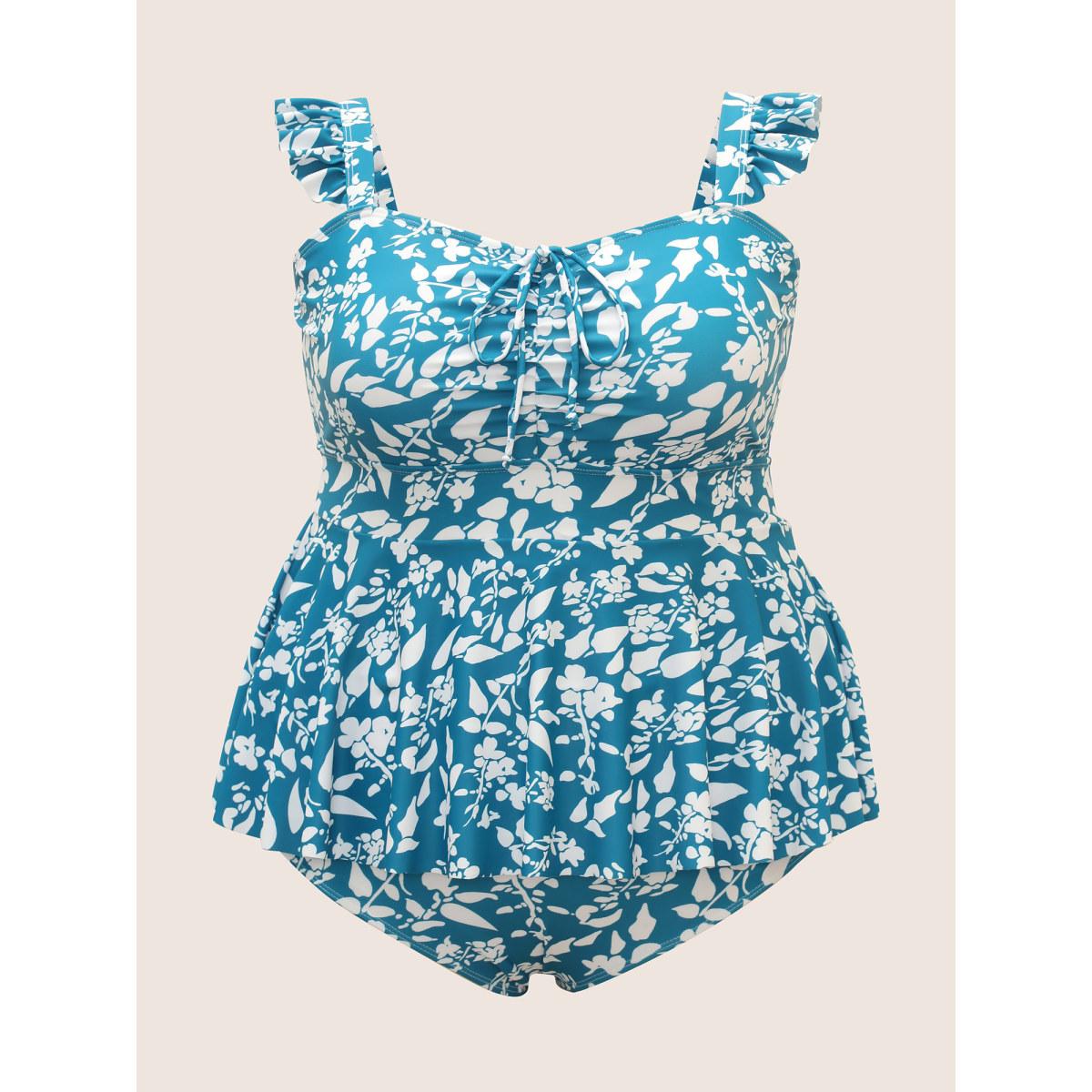 Plus Size Ditsy Floral Tiered Ruffles One Piece Swimsuit Women's Swimwear Teal Beach Gathered Curve Bathing Suits High stretch One Pieces BloomChic 28/5X Product Image