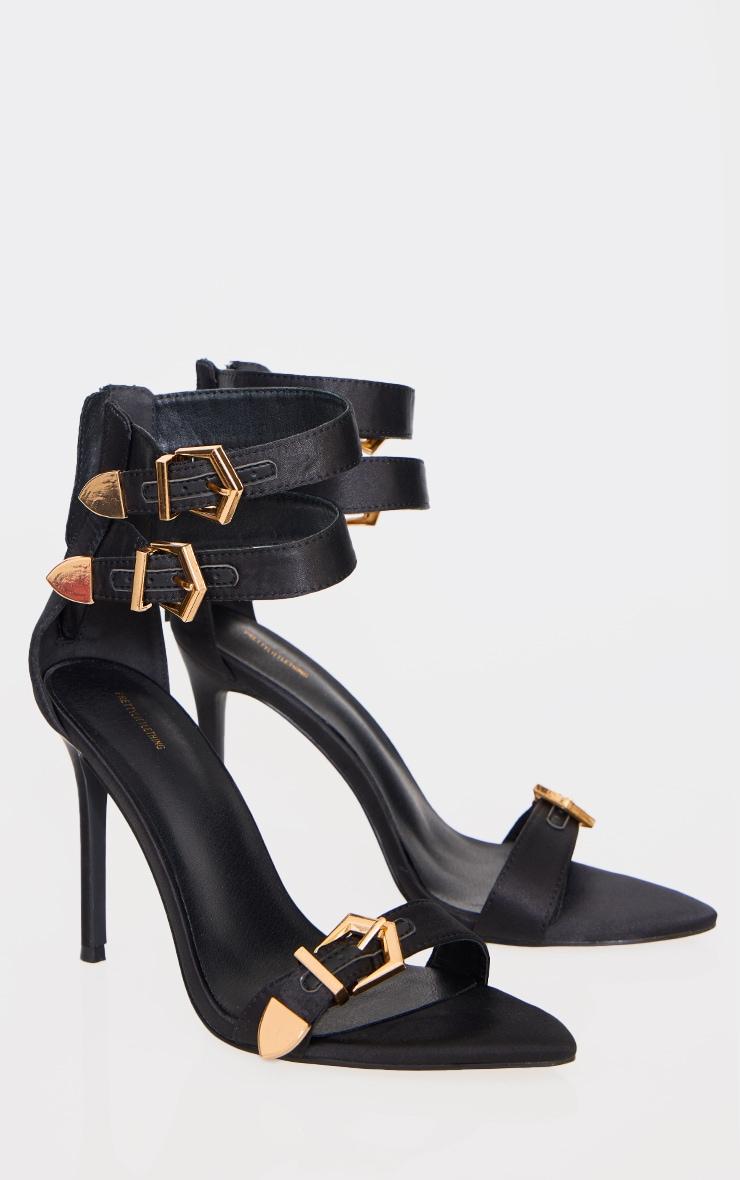 Black Satin Point Toe Buckle Strap High Stiletto Heeled Sandals Product Image