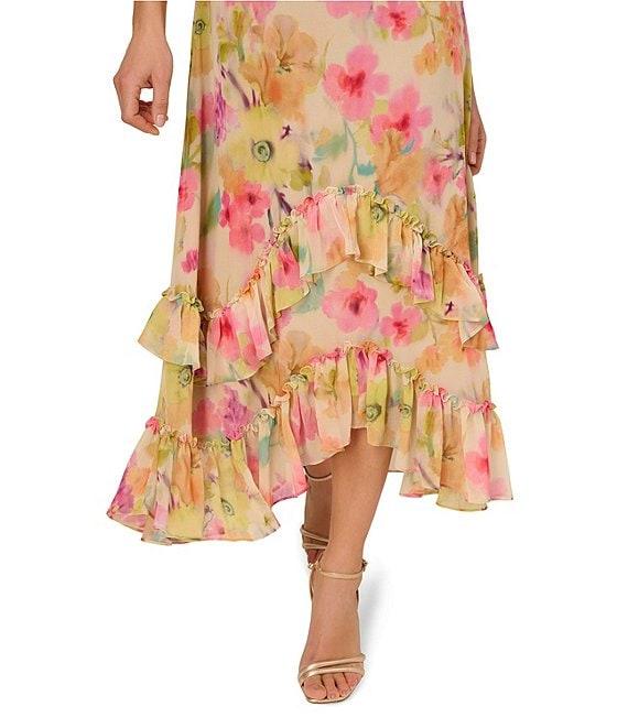 Adrianna Papell V Neck Floral Printed Chiffon Ruffle Midi Dress Product Image