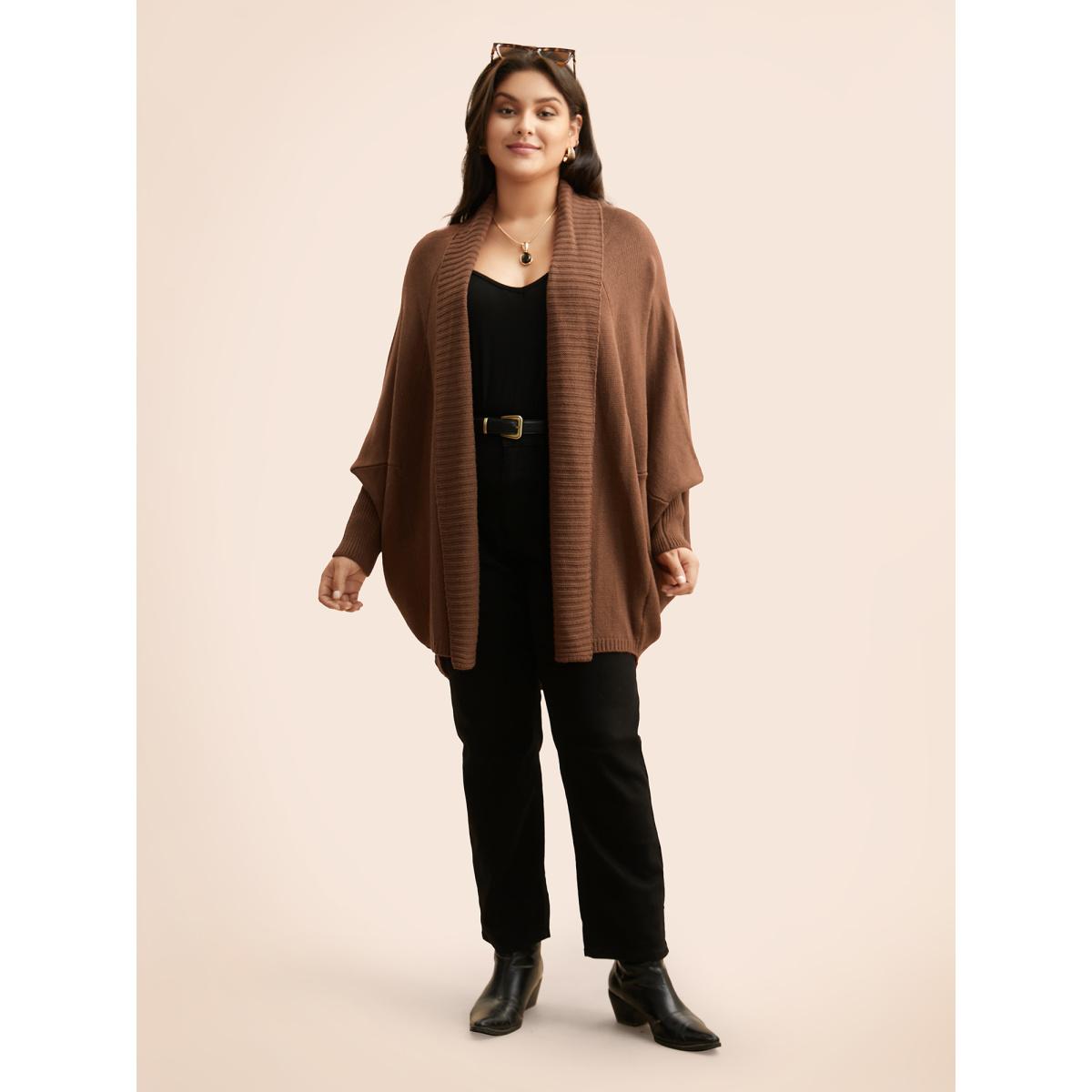 Plus Size Texture Kimono Collar Dolman Sleeve Cardigan Browncoffeecolor Women Casual Loose Long Sleeve Everyday Cardigans BloomChic 26/4X Product Image