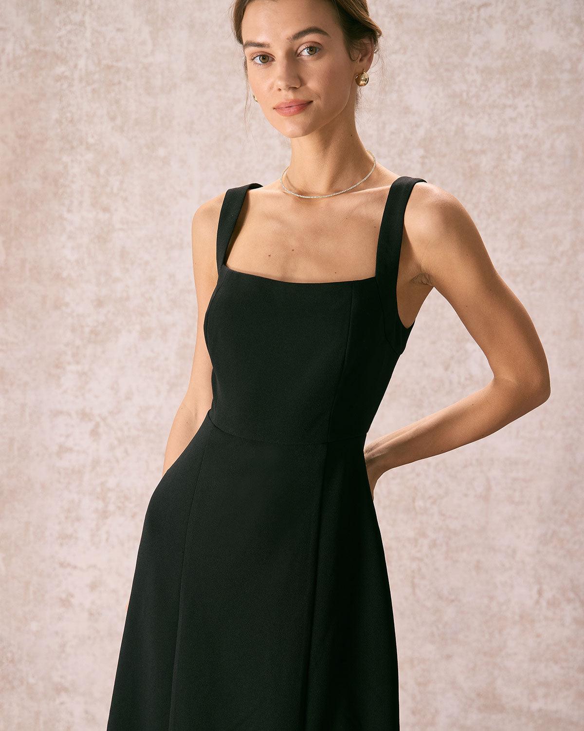 The Black Square Neck Sheath Midi Dress Product Image