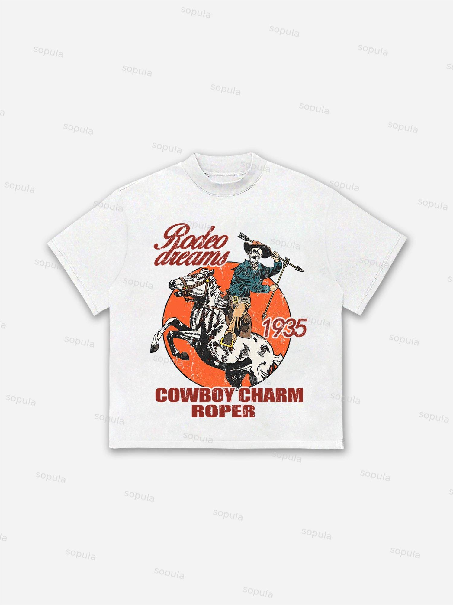 Skeleton Cowboy Rodeo Dreams Print Cotton T-shirt Product Image