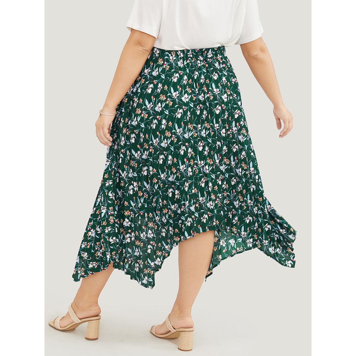 Plus Size Ditsy Floral Pleated Hanky Hem Skirt Women DarkGreen Elegant Asymmetrical No stretch Dailywear Skirts BloomChic 14-16/1X Product Image
