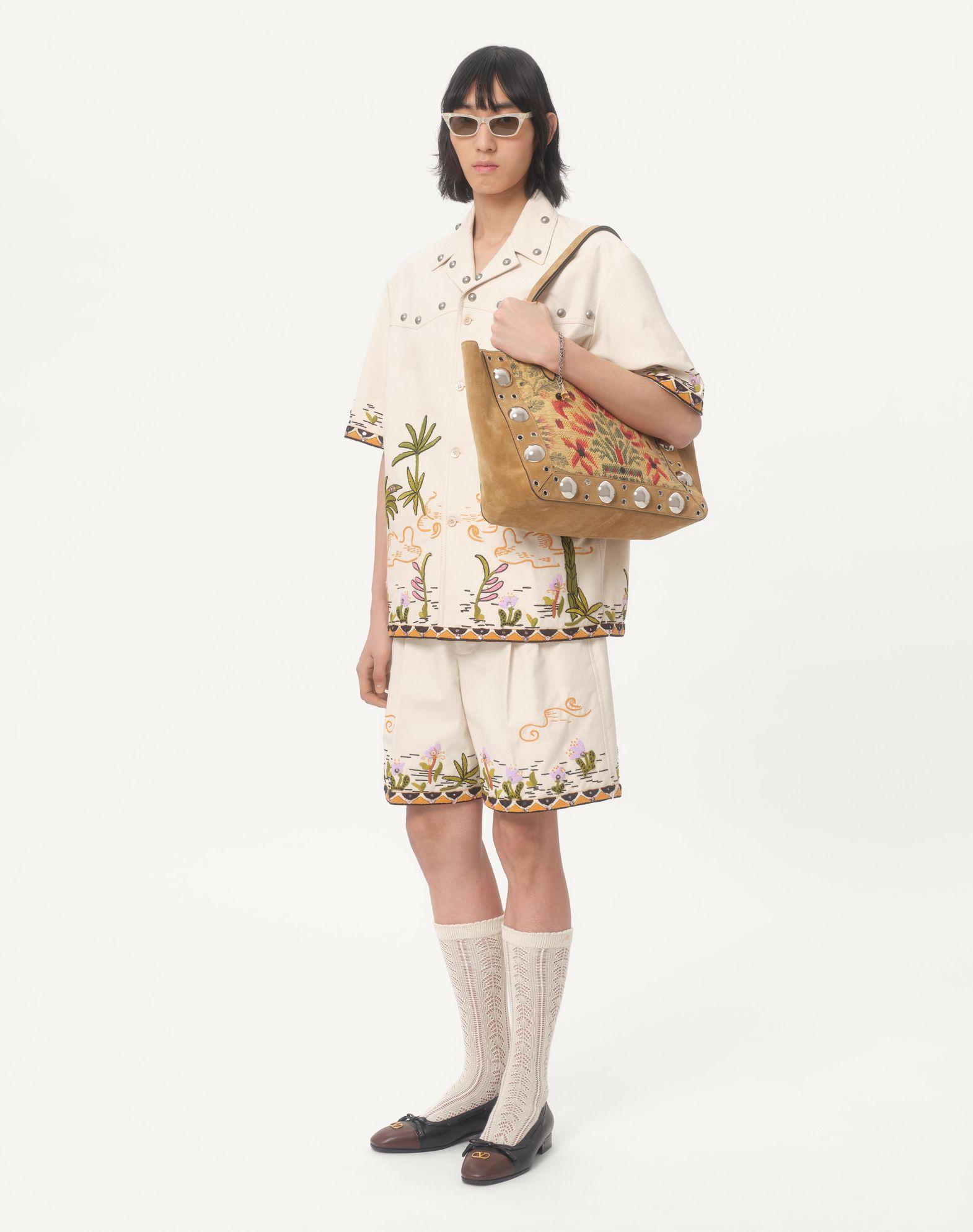 Cotton Canvas Bermuda Shorts With Floral Embroidery And Jacquard Trimmings Product Image