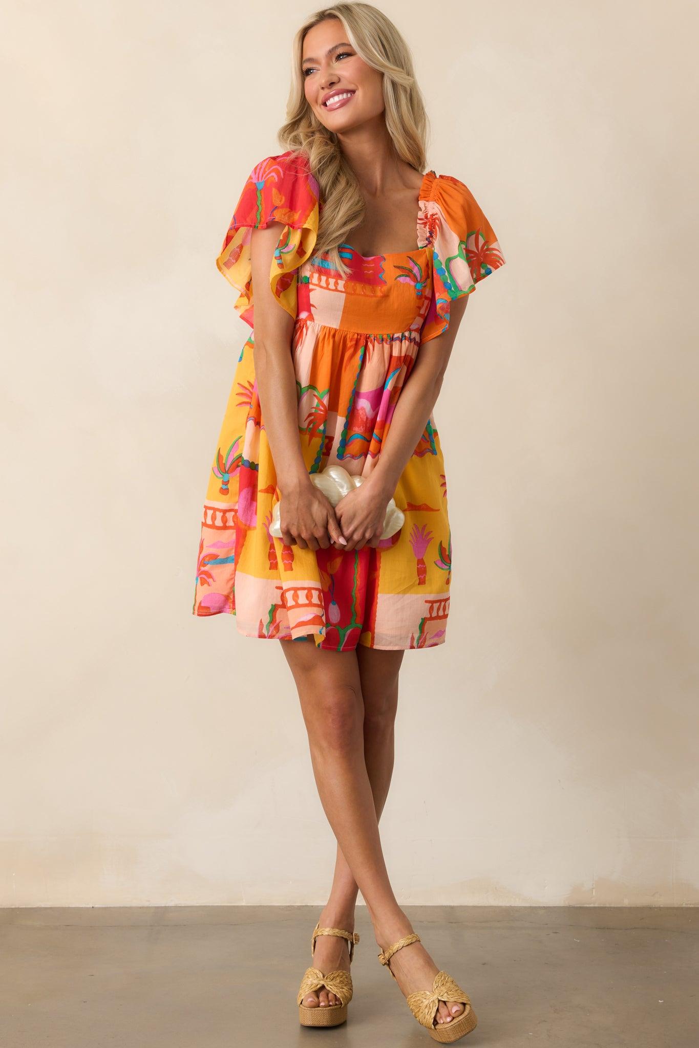 By The Shore Orange Tropical Print Cotton Mini Dress Product Image