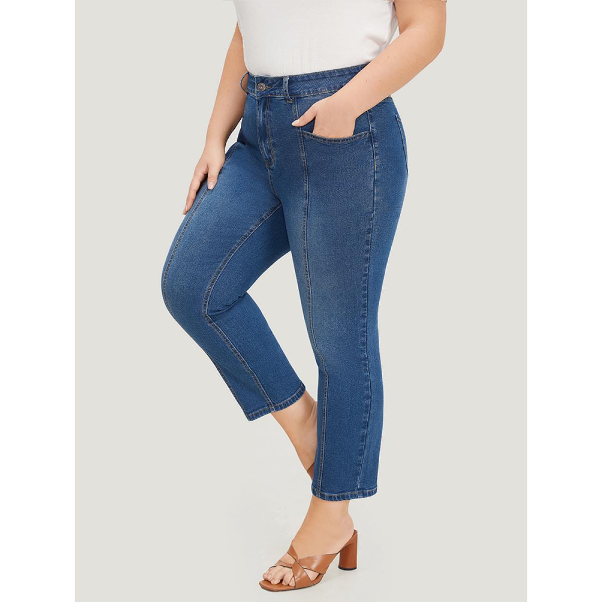 Plus Size Very Stretchy Pocket High Rise Patchwork Jeans Women Blue Casual Plain Embroidered High stretch Pocket Jeans BloomChic 12/L Product Image