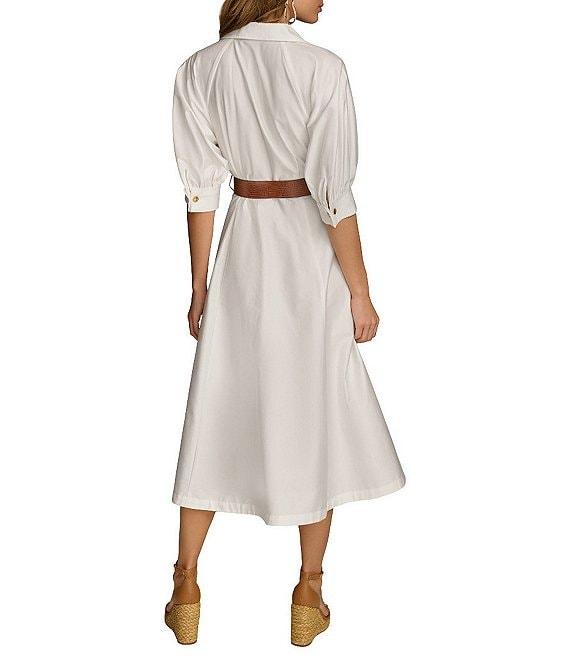Donna Karan 3/4 Sleeve Collared Neck Belted Pocketed Sateen Midi Dress Product Image
