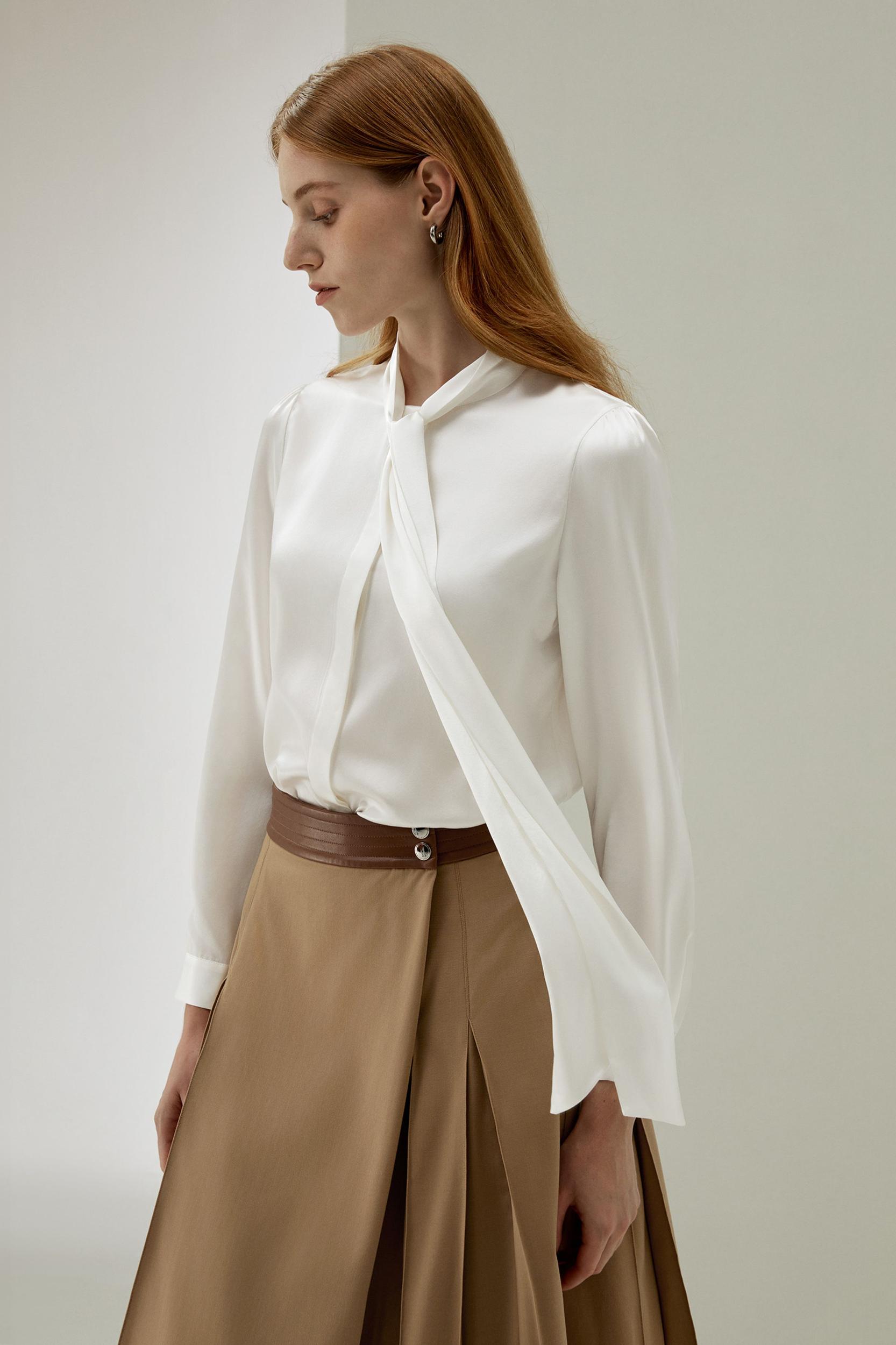 Women Bow-tie Neck Silk Blouse Product Image
