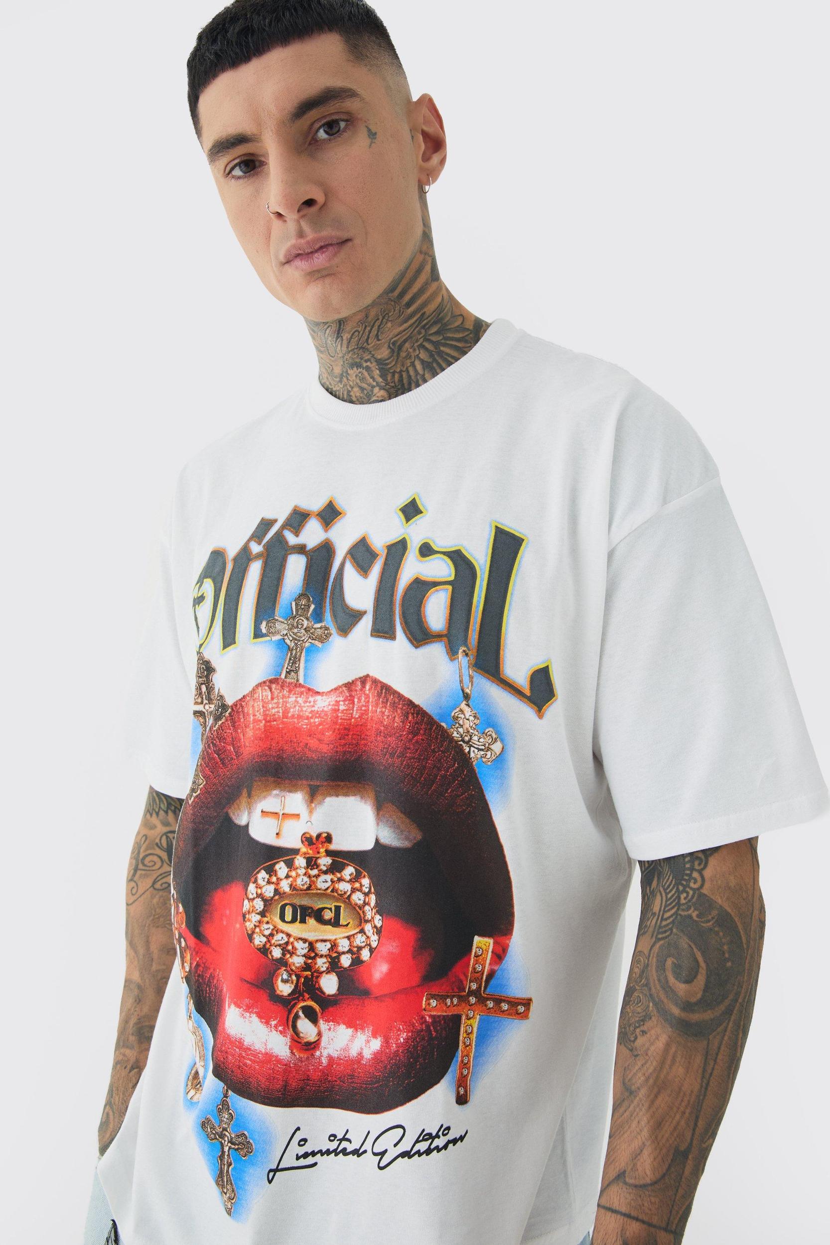 Tall Official Lips Print Oversized T-shirt in White | boohooMAN USA Product Image