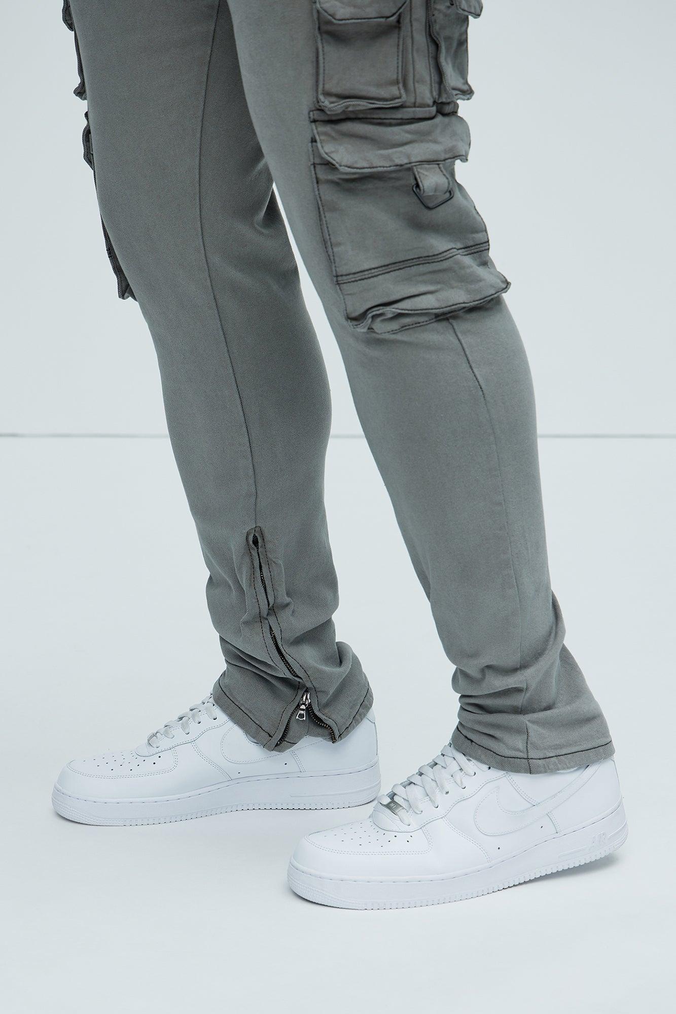 On The Double Cargo Stacked Skinny Convertible Flare Jeans - Grey Product Image