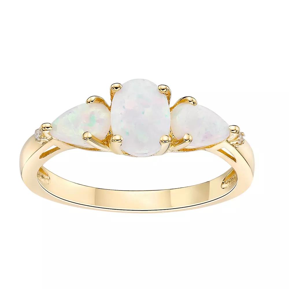Gemminded 18k Gold Over Silver Lab-Created Opal & Diamond Accent 3-Stone Ring, Women's, Size: 7, Gold Tone Product Image