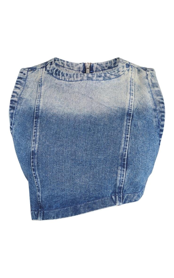 Shape Mid Blue Acid Wash Denim Washed Asymmetric Crop Top Product Image
