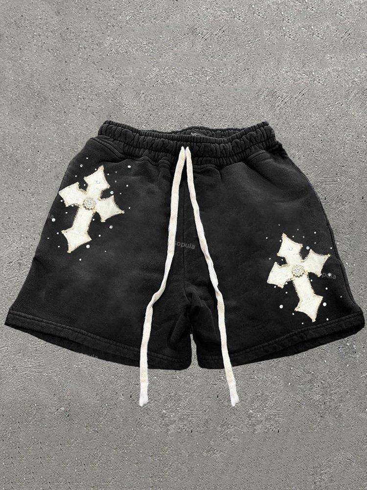 Vintage Gemstone Beaded Cross Patch Hot Diamond Drawstring Shorts Product Image
