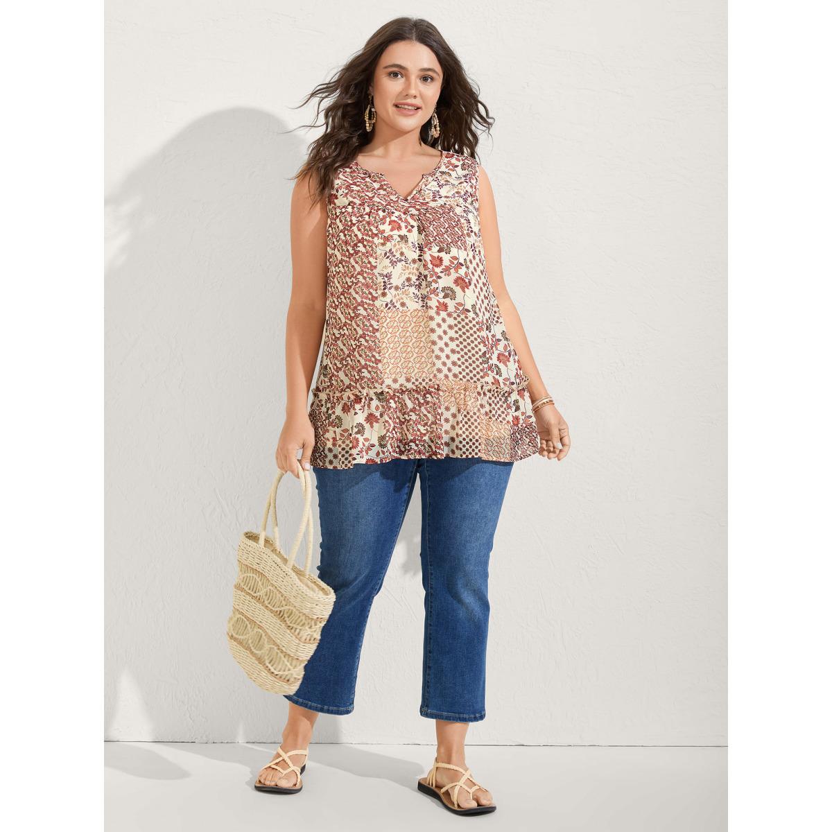 Plus Size Chiffon Boho Collage Flowy Tank Top Women Apricot Boho Gathered Notched collar Vacation Tank Tops Camis BloomChic 22-24/3X Product Image