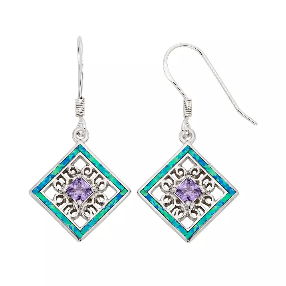 Lab-Created Blue Opal & Cubic Zirconia Sterling Silver Square Drop Earrings, Women's Product Image