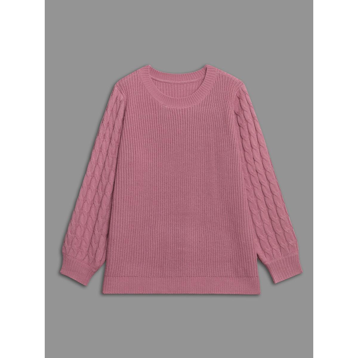 Plus Size Round Neck Textured Cable Knit Pullover Beanpastepowder Women Casual Loose Long Sleeve Round Neck Everyday Pullovers BloomChic 18-20/2X Product Image