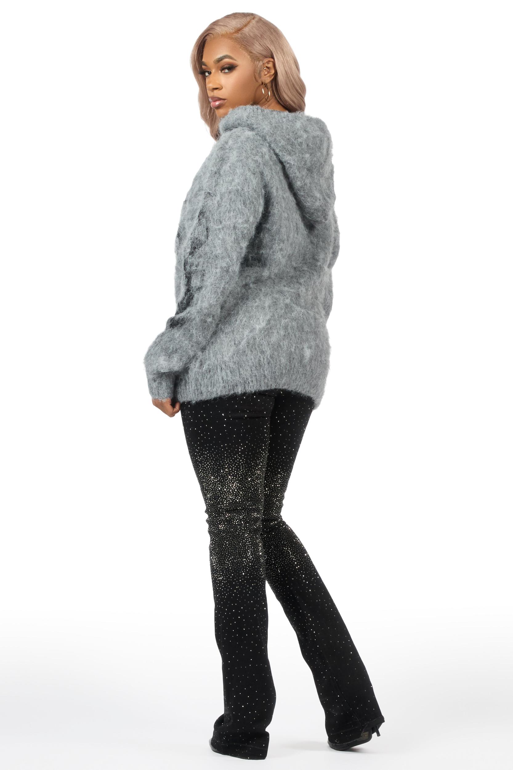 Keshay Grey Graphic Knit Hoodie Female Product Image