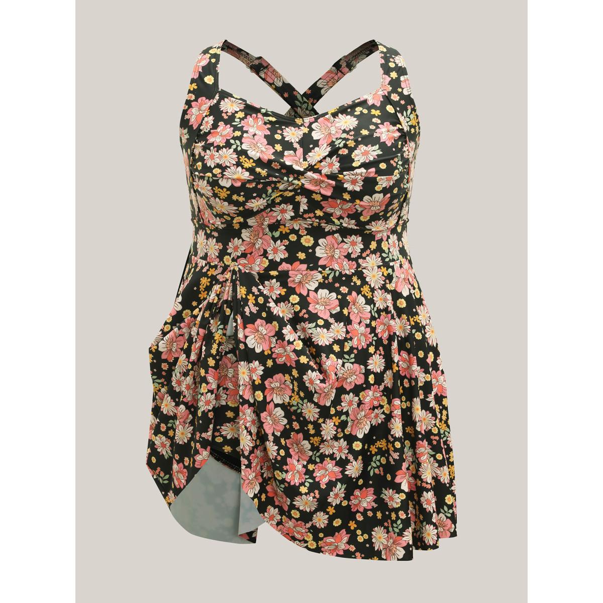 Plus Size Twist Front Floral Print Pockets Swim Dress Women's Swimwear Black Beach Bodycon Heart neckline High stretch Curve Swim Dresses BloomChic 22-24/3X Product Image