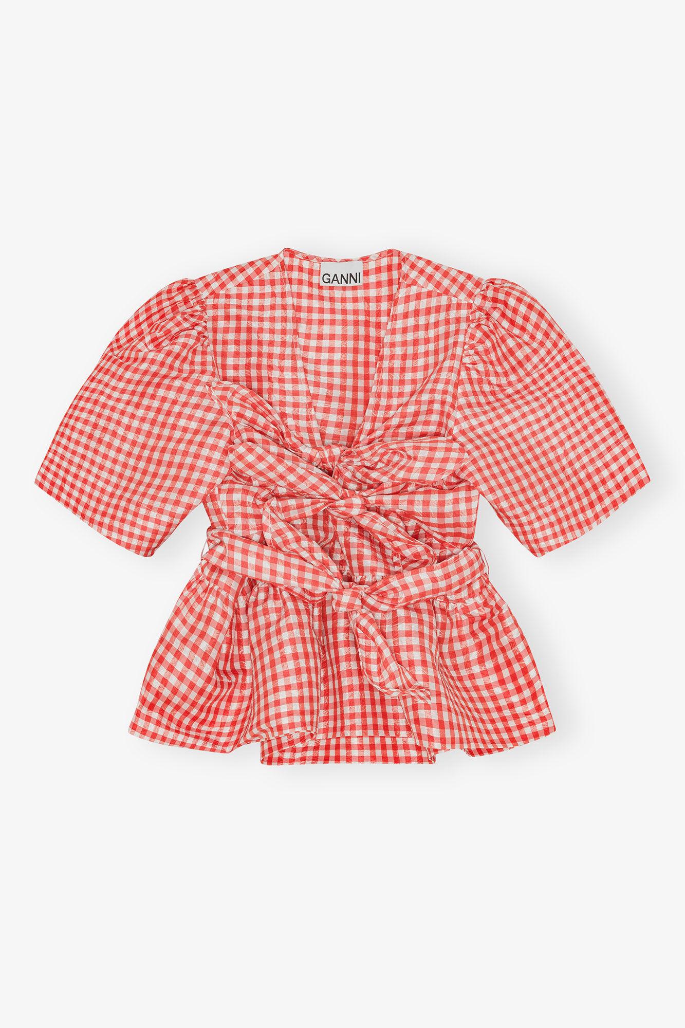 Red Crinkled Check Taffeta Blouse Product Image