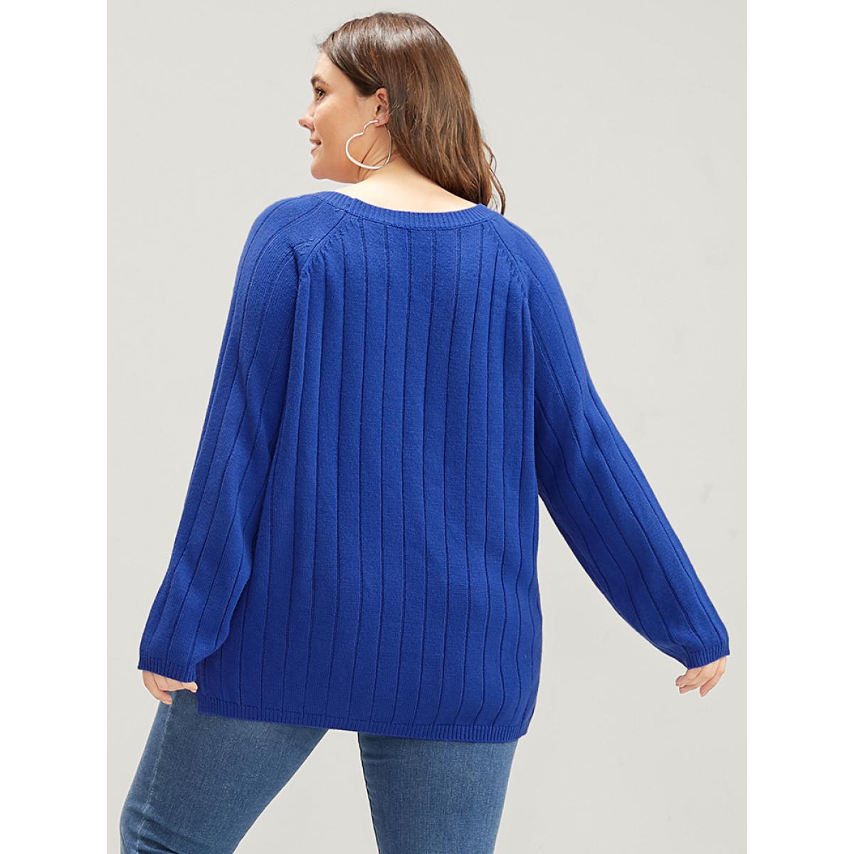 Plus Size Solid Pointelle Knit Cut Out Split Hem Rib Knit Top Aegean Women Elegant Loose Long Sleeve Dailywear Pullovers BloomChic 30/6X Product Image