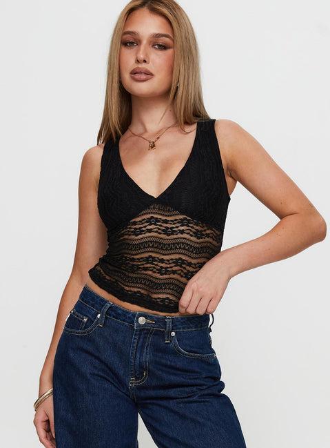 Loxlee Lace Plunge Neck Top Black Product Image