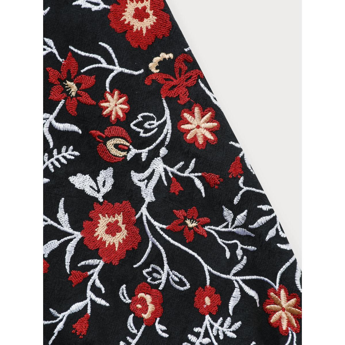 Plus Size Black Pure Cotton Floral Embroidered Sleeve Jumpsuit Women Leisure Extra Long Sleeve Overlap Collar Casual Loose Jumpsuits BloomChic 22-24/3X Product Image