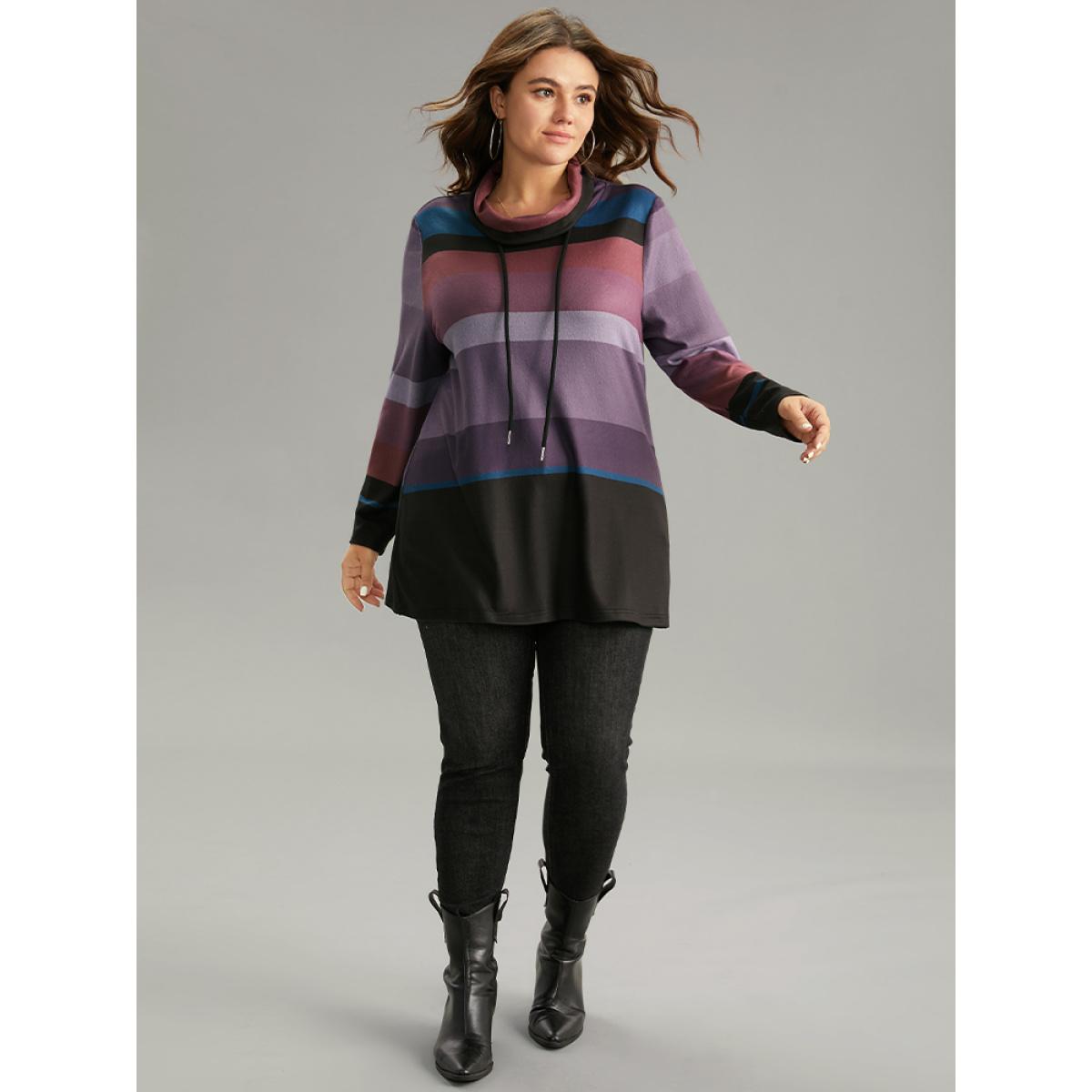 Plus Size Colorblock Contrast Mock Neck Drawstring Sweatshirt Women Multicolor Casual Contrast Mock Neck Dailywear Sweatshirts BloomChic 14-16/1X Product Image