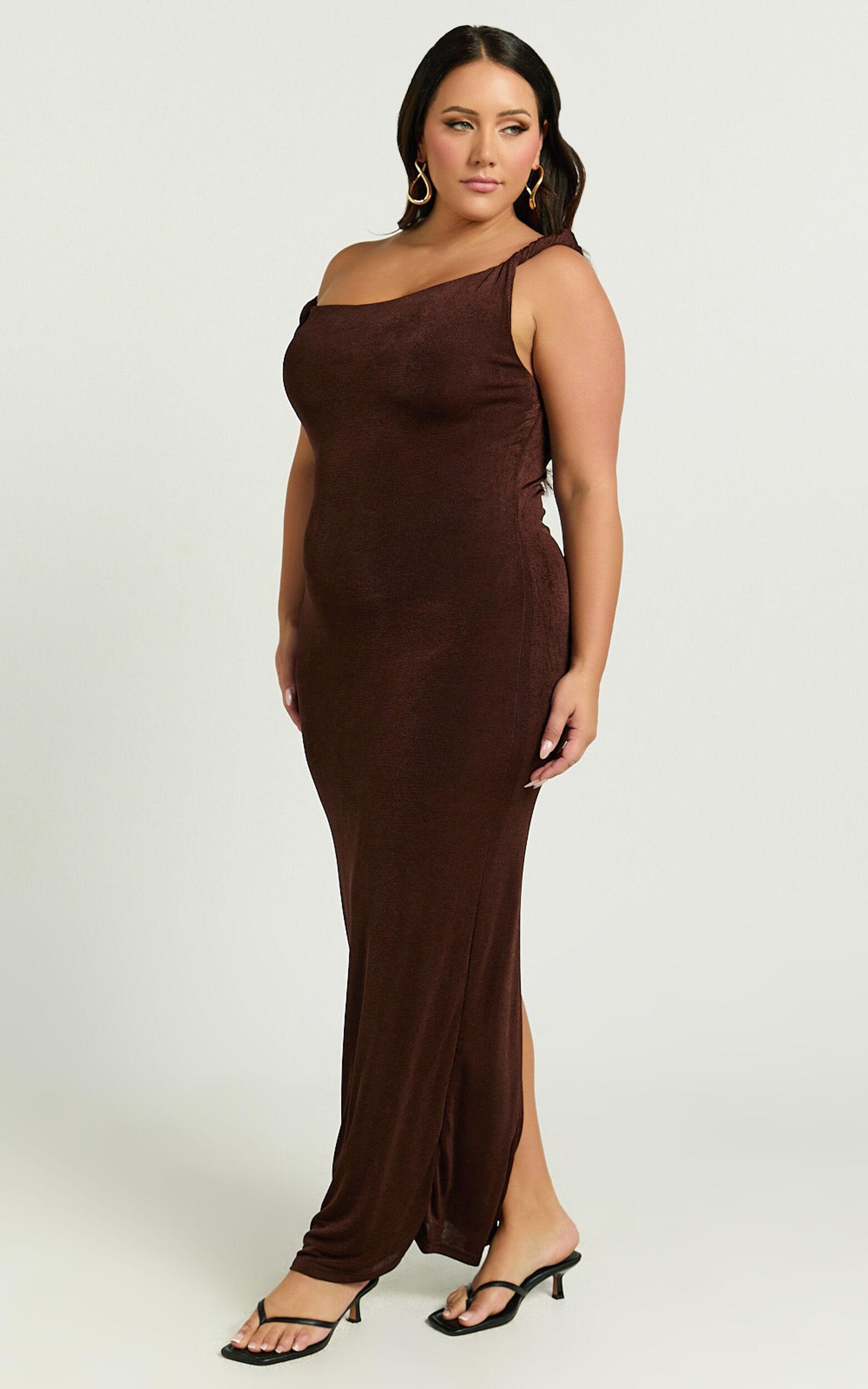 Isabel Midi Dress - Twist Off Shoulder Bodycon Dress in Chocolate Product Image