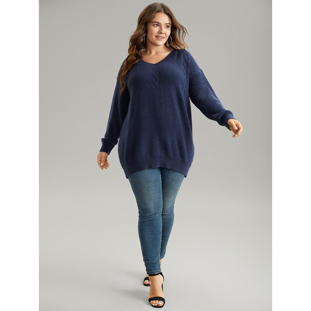 Plus Size Anti-Pilling Solid Cable Knit Button Detail Pullover Indigo Women Casual Loose Long Sleeve V-neck Dailywear Pullovers BloomChic 26/4X Product Image