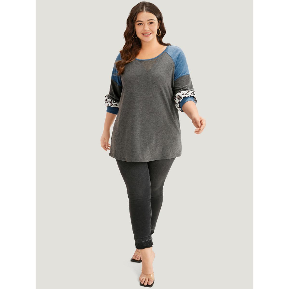 Plus Size Colorblock Contrast Leopard Round Neck Raglan Sleeve Sweatshirt Women Multicolor Elegant Elastic cuffs Round Neck Dailywear Sweatshirts BloomChic 26/4X Product Image