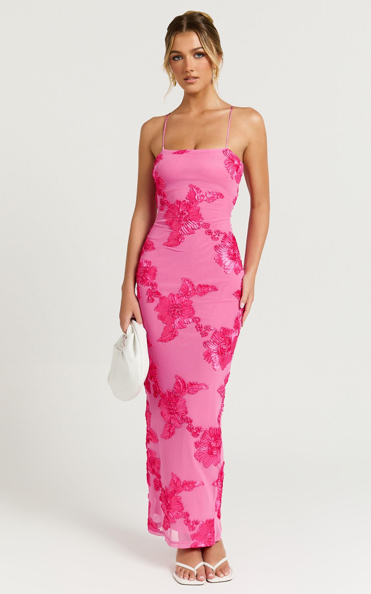Mina Midi Dress - Embroidered Mesh Dress in Pink Product Image