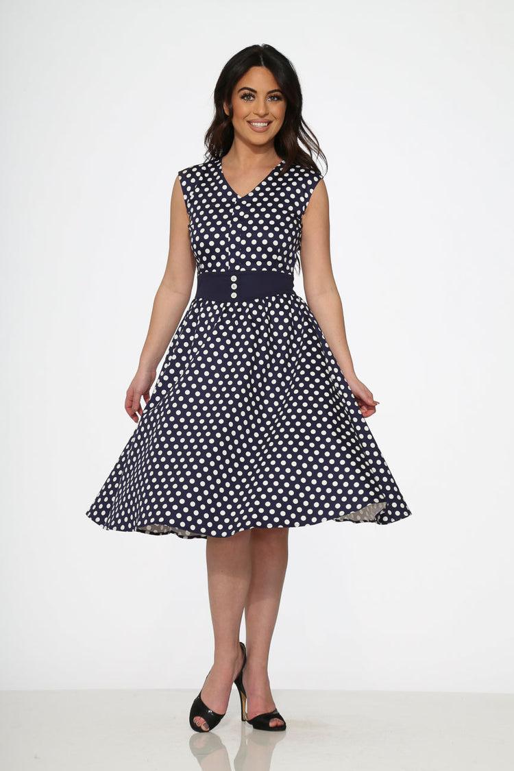 Navy Blue White Polka Dot Swing Dress Product Image