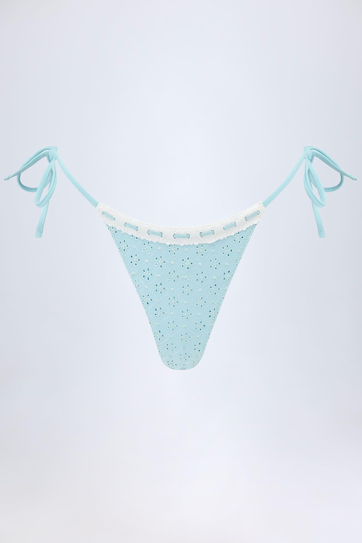 Broderie Anglaise Side-Tie Thong Bikini Bottoms in Powder Blue Product Image