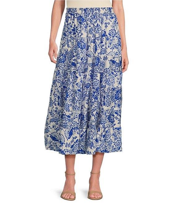 Calessa Antique Floral Print Embroidered Eyelet Hem Tiered Pull-On Skirt Product Image