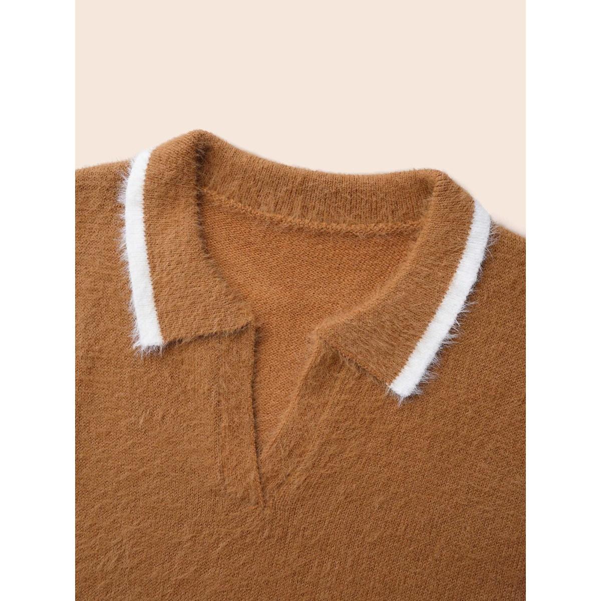 Plus Size Contrast Trim Polo Neck Fluffy Pullover Yellowishbrown Women Casual Long Sleeve Polo Everyday Pullovers BloomChic 30/6X Product Image