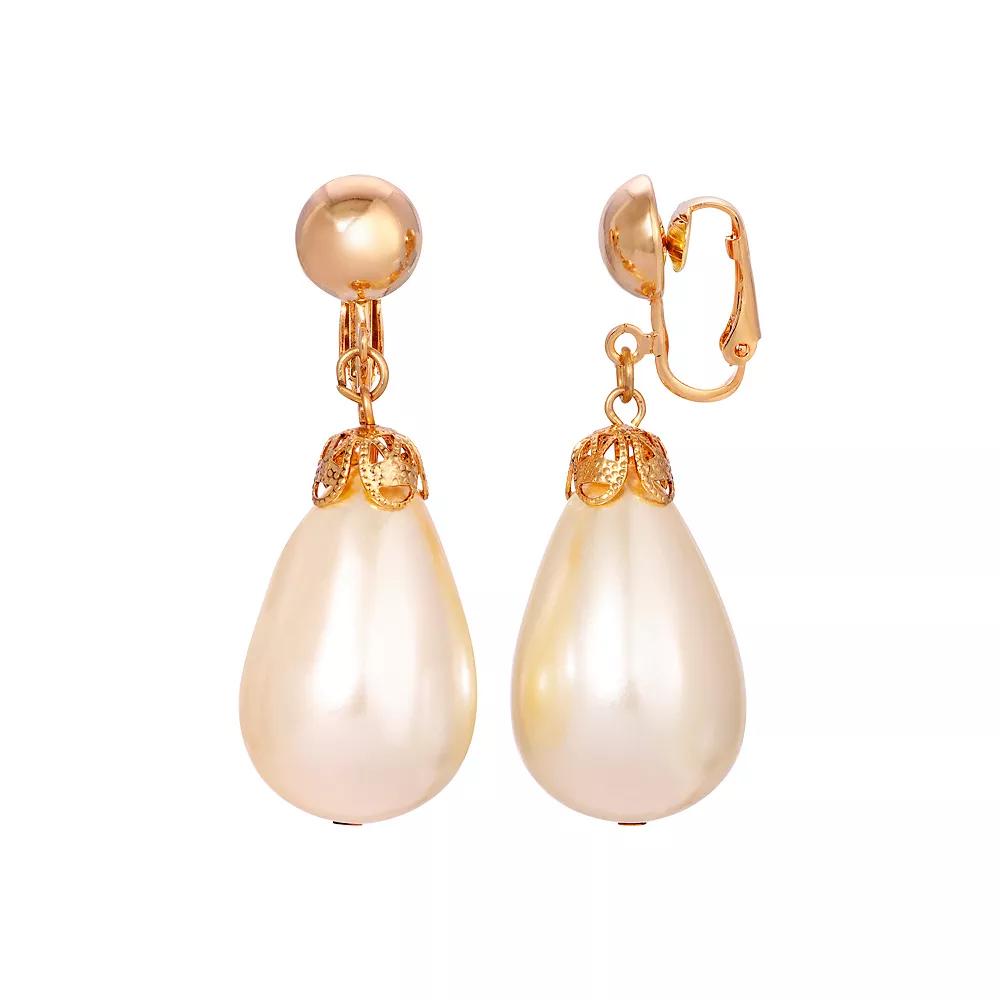 1928 Gold Tone Pear-Shaped Faux Pearl Clip-On Earrings, Womens, White Product Image
