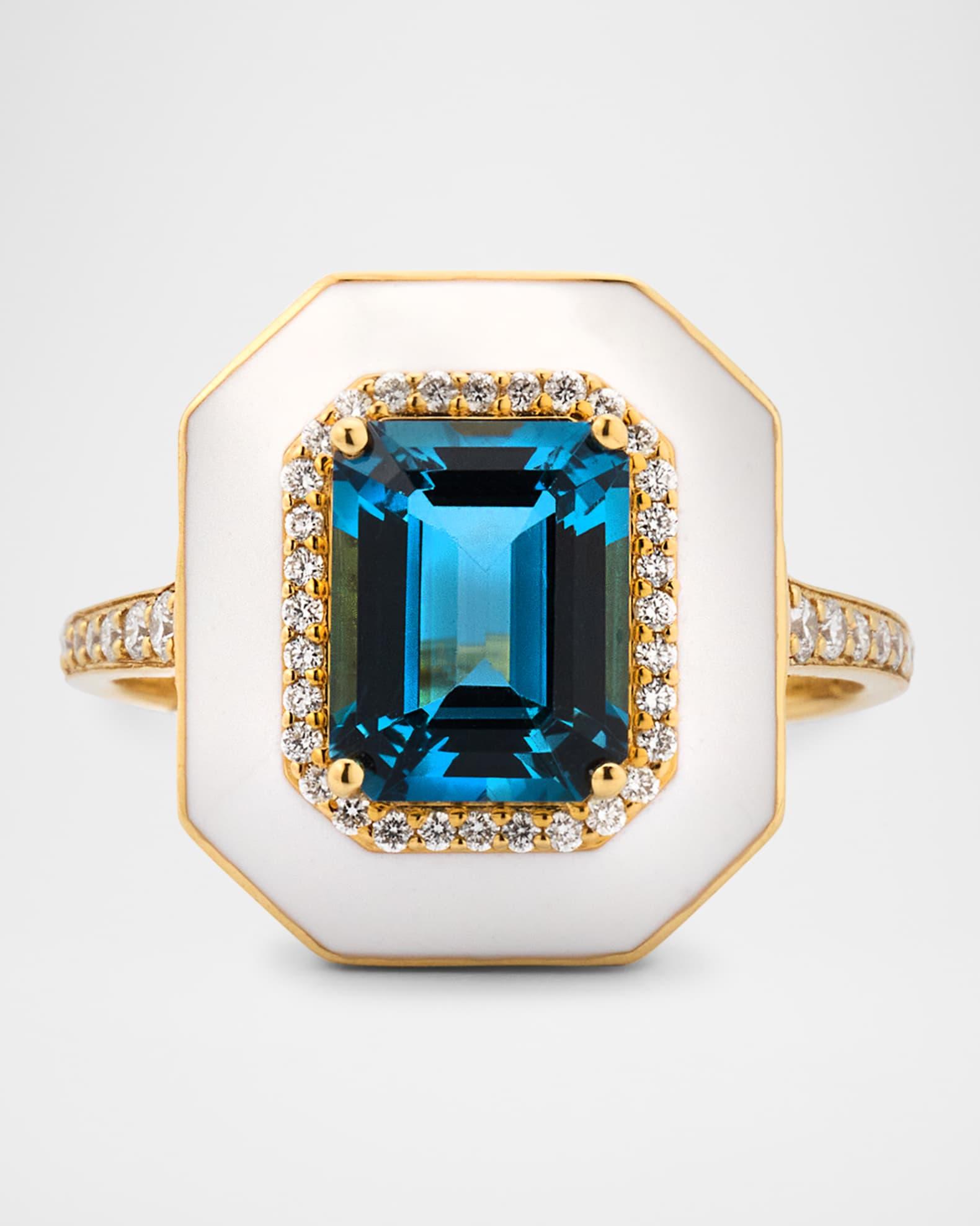 Queen 18K Yellow Gold London Blue Topaz Emerald Cut Ring with Diamonds and White Enamel, Size 6.5 Product Image