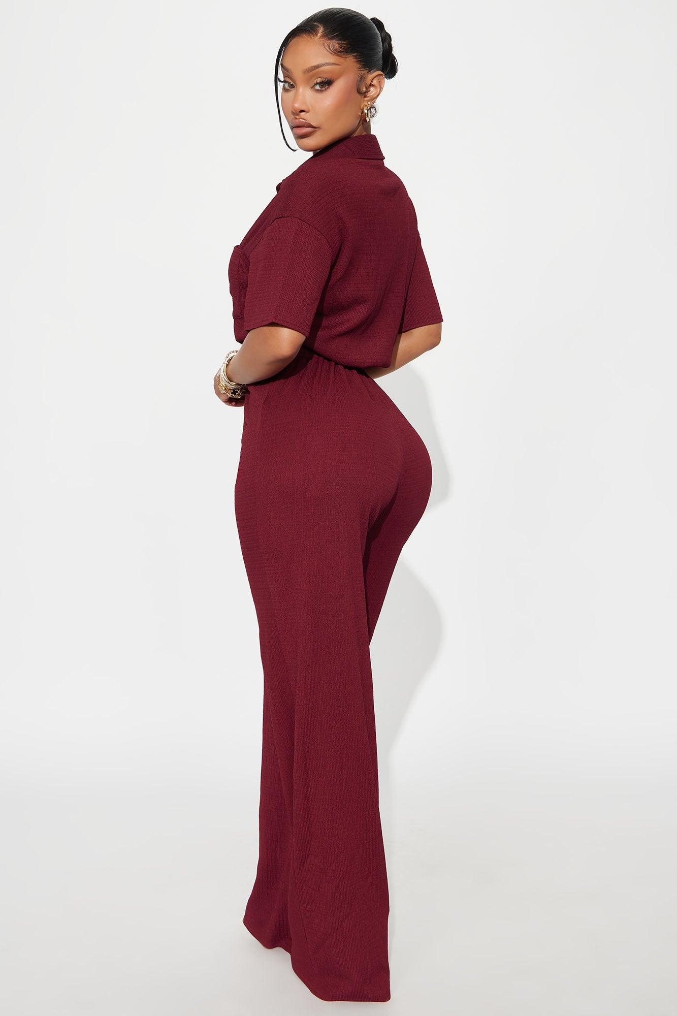 Cherry Kisses Textured Jumpsuit - Burgundy Female Product Image