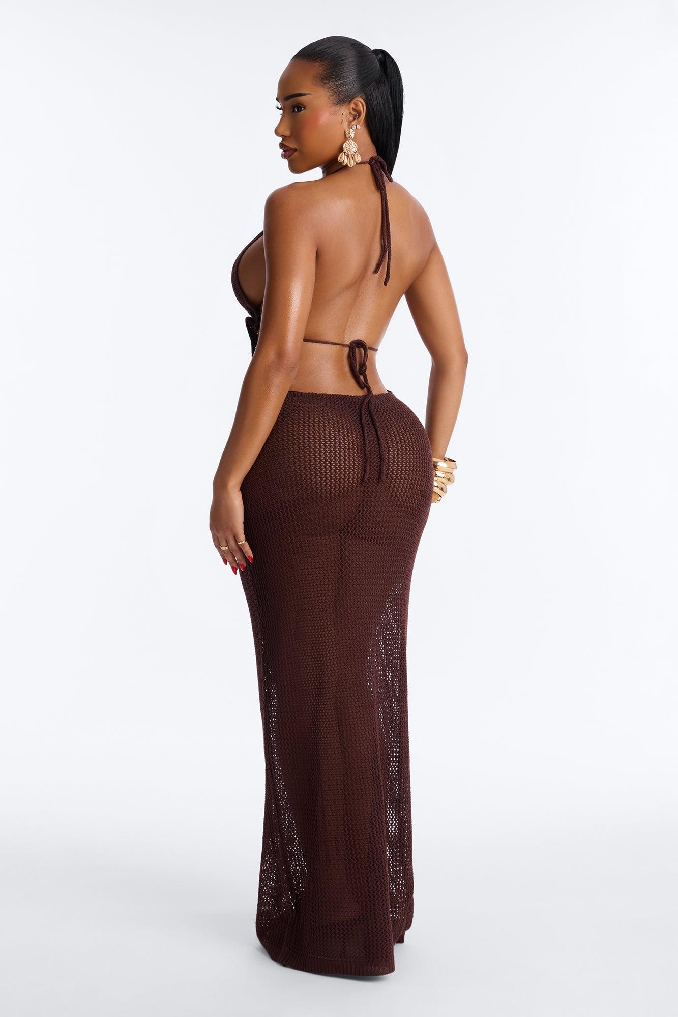 Maren Crochet Swim Cover Up Halter Maxi Dress - Dark Brown Female Product Image