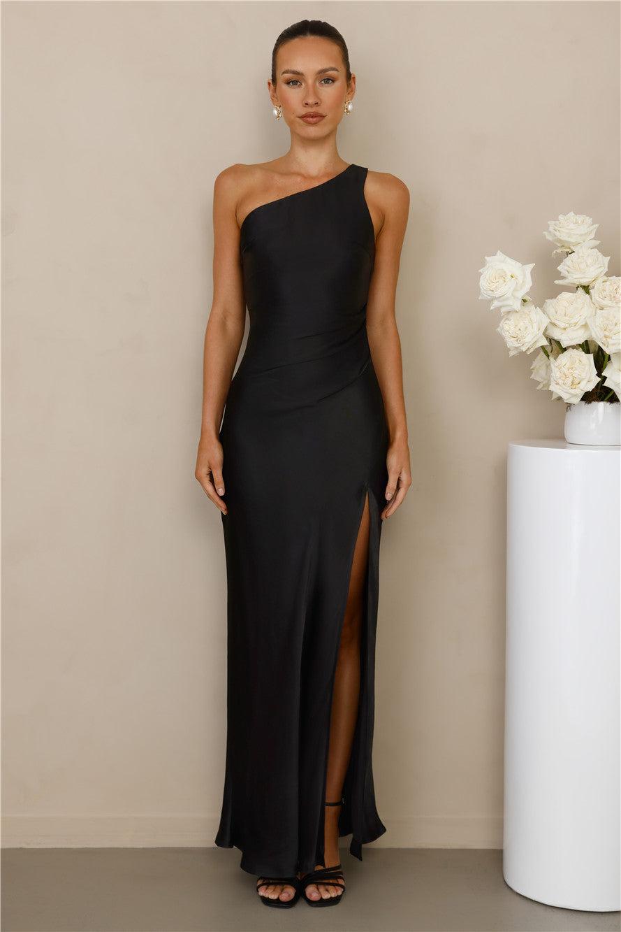 The Aurora One Shoulder Satin Maxi Dress Black Product Image