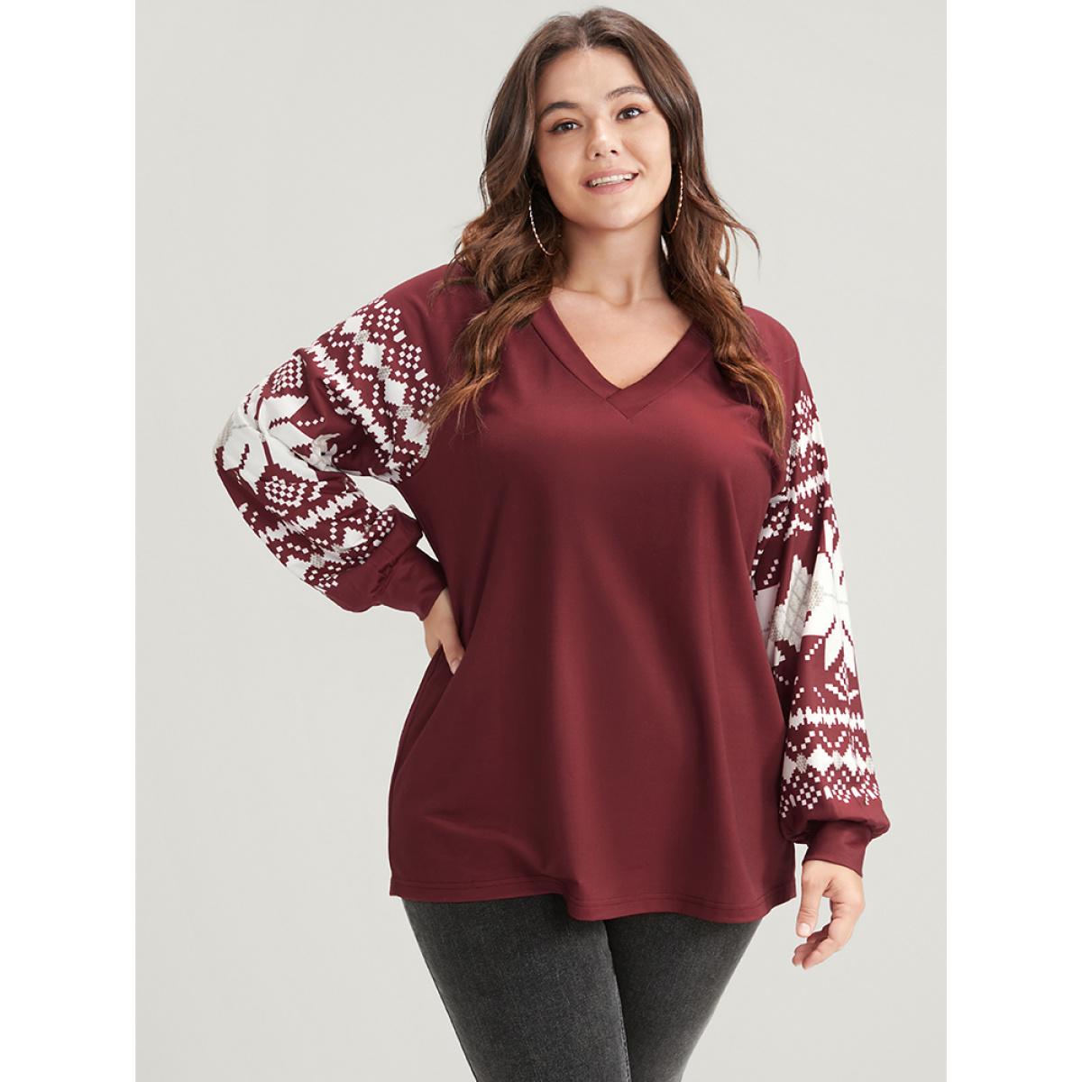 Plus Size Snowflake Print V Neck Drop Shoulder Sweatshirt Women Scarlet Casual Contrast V-neck Festival-Christmas Sweatshirts BloomChic 12/L Product Image