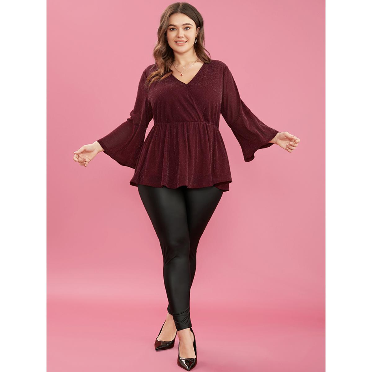 Plus Size Scarlet Solid Surplice Neck Bell Sleeve Glitter Blouse Women Glamour Elbow-length sleeve V-neck Dailywear Blouses BloomChic 10/M Product Image