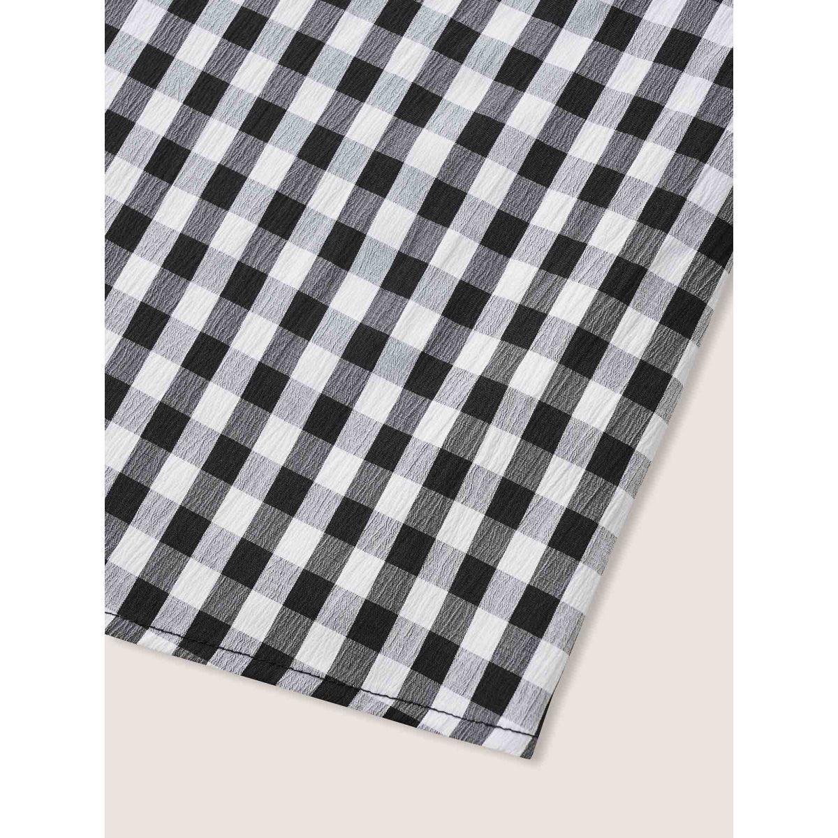 Plus Size Black Gingham Gathered Notched Tab Sleeve Blouse Women Casual Sleeveless Notched collar Everyday Blouses BloomChic 14-16/1X Product Image