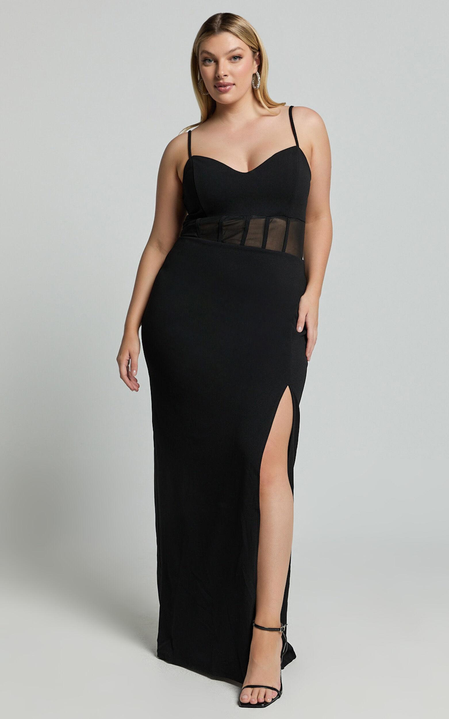 Carmen Midi Dress - Sheer Corset Panel High Split Dress in Black Product Image