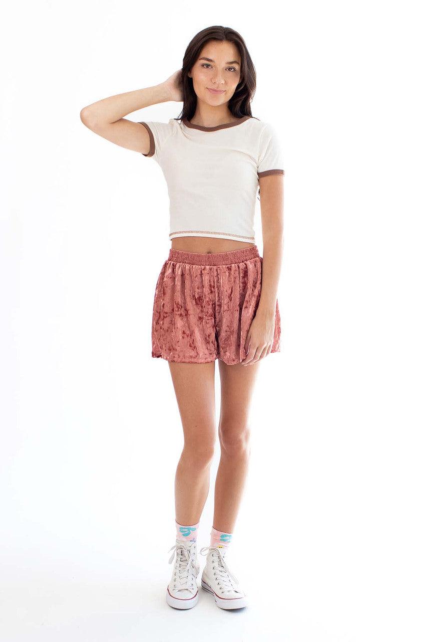 Marsala Crushed Velvet Shorts Product Image