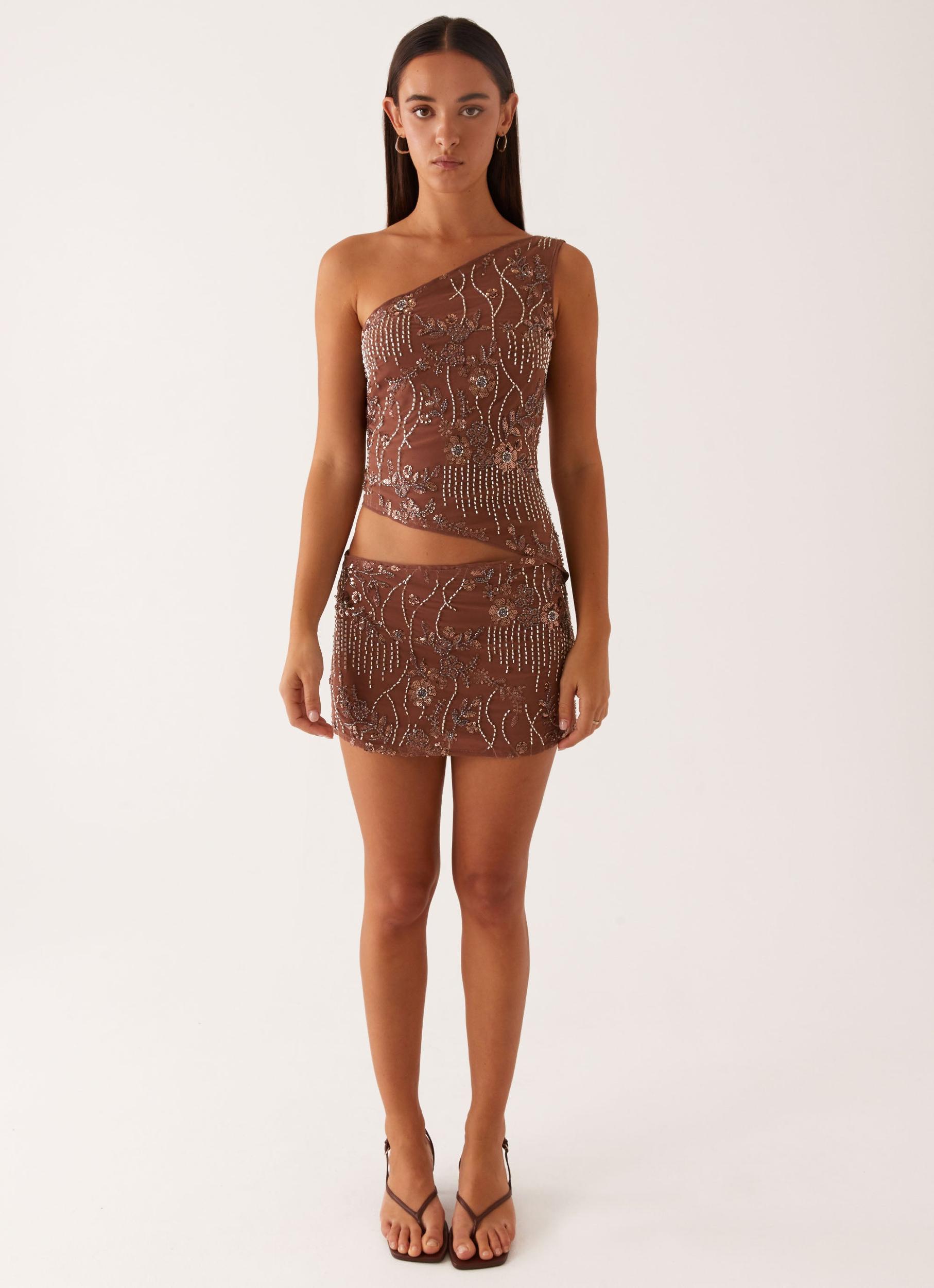 Through The Night One Shoulder Mini Dress - Chocolate Product Image
