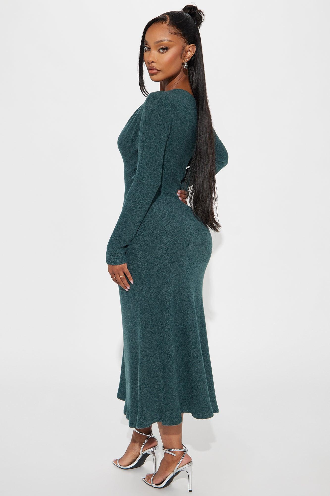 Stay Cozy One Shoulder Midi Dress - Hunter Product Image